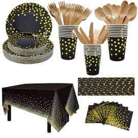 Black and Gold Party Tableware, CEILIWEN 201PCS Black and Gold Party Supplies Set, Paper Tableware Set, Party Dinnerware Set Includes Black Paper Plates, Cup, Straw, Tablecloth, Napkin, Cutlery