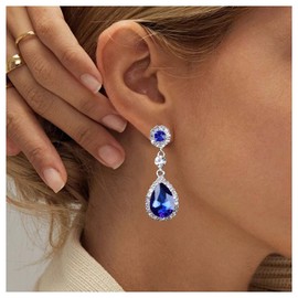 Allereya Vintage Sapphire Crystal Earrings Blue Sapphire Earrings Drop Earrings Sapphire Earrings Silver CZ Dangle Earrings Jewellery for Women and Girls (Blue)