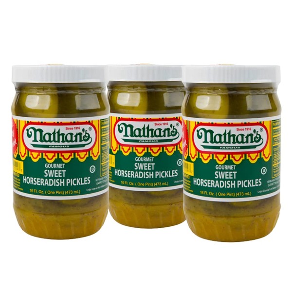 Nathan’s Famous Gourmet Sweet Horseradish Pickles, Horseradish Dill Pickles, Spicy Pickles, Pickles Set, 16oz Jar, 3Pk