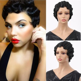 Short Wig Black Curly Wig Finger Wave Synthetic Full Wig Fashion Wigs Cosplay (Black)