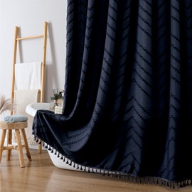 OWENIE - Cortina de ducha bohemia, tela azul marino, cortinas de ducha de tela con textura de Chevron a rayas con borla para baño, estilo de hotel suave, moderno minimalista, lavable a máquina, 72 x
