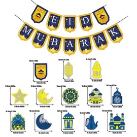 Eid Mubarak Banner Set, Ramadan Mubarak Hanging Swirl Spiral Banner, Star Moon Lantern Mosque Ramadan Kareem Decoration for Eid Festival Party Decoration