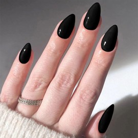 Short Press on Nails Almond Fake Nails Black Glue on Nails Acrylic Full Cover Nails Press ons Solid Color False Nails Almond Short Artifical Stick on Nails for Women Girls 30Pcs