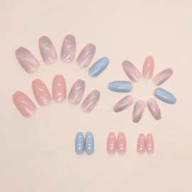 JUSTOTRY Pack of 24 Pink and Blue Nails for Gluing, Medium, Coffin Press On Nails, Plain Pattern, Glossy Ballerina Artificial Nails, Fake Nails, Long, French Fingernails, Artificial Nails for Women