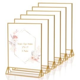 KILY-WILY Clear Acrylic Sign Holder 5X7 Gold Picture Frames, Double Sided Menu Holder Display Stand for Weddings Table Number Flyer Holder( Pack of 6)