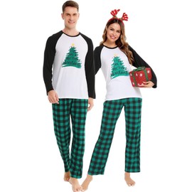 SWOMOG Matching Couples Christmas Pajamas Set Women & Men Printed Long Sleeve Pjs Top and Plaid Pants Loungewear Women Letter Tree Medium