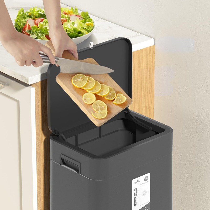 Kitchen Trash Can with Lid, Adjustable Height 20L/5.3Gal Rolling Garbage