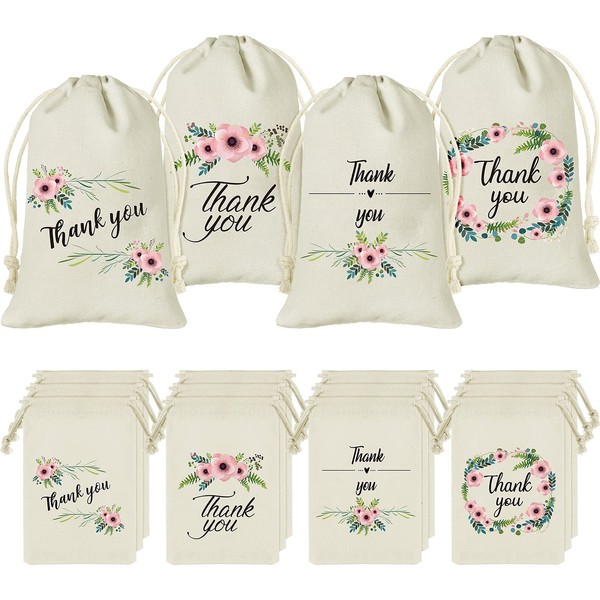16 Pieces Thank You Burlap Bags with Drawstring 6 x 4 Inches Party Favor Gift Bags Burlap Gift Treat Goodies Bags for Weddings, Bridal Shower, Birthday Party, 4 Styles