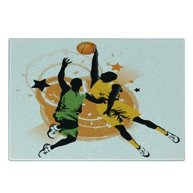 Ambesonne Basketball Cutting Board, Image of Two Basketball Players in A Heated Game Rings Stars in the Background, Decorative Tempered Glass Cutting and Serving Board, Small Size, Orange Green