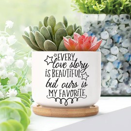 DecStic Every Love Story is Beautiful Ceramic Planter Bible Verse Planters for Indoor Plants with Drainage Holes and Saucers Pot for Succulents Cactus Garden Windowsill