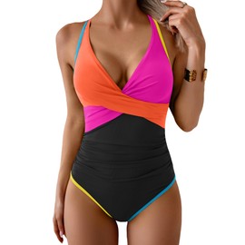 B2prity Women's One Piece Swimsuits Tummy Control Ruched Bathing Suit V Neck Tie Back Swimwear Wrap Swim Suit
