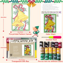 YP Latch Hook Kits for Kids and Adults Beginners Christmas DIY Rug Making Kit for Home Decoration Festival Gifts Crocheting Crafts Carpet,14" X 10"(Christmas Bells)