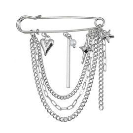 Vintage Tassel Chain Pin Brooch Punk Crystal Moon Heart Collar Brooches Goth Gold Silver Star Pentacle Pin Dress Sweater Scarf Accessories for Women (Silver3)