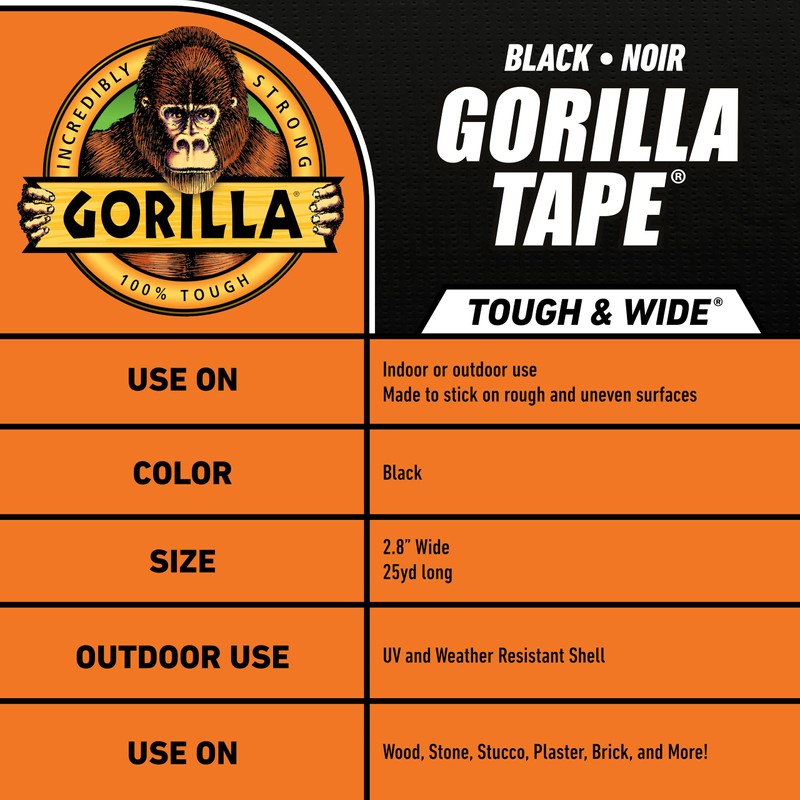 Gorilla Tape Tough & Wide, Black Tape, 2.88" x 25