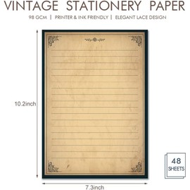 Lined Vintage Stationery Paper, Old Fashion Stationary Paper and Envelopes Set, 48 Sheets + 24 Envelopes Letter Writing Stationery Set for All Occasion, 7.3 x 10.2 Inch
