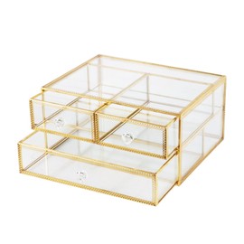 Vellon Gold Glass Box Makeup Organizer, Glass Jewelry Box Drawer, Vintage Jewel Organizer, Desktop Cosmetic Storage, Makeup Container, Keepsake Box with Golden Lace Decoration, 2 Tiers
