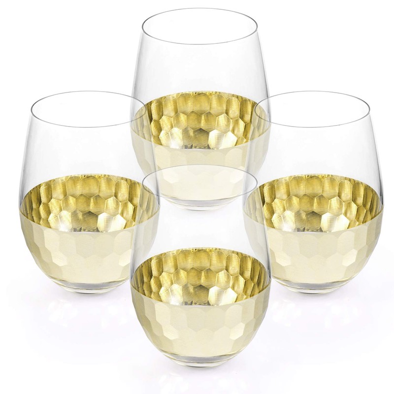 MyGift Glass & Gold-Tone Hammered Design Stemless Wine Glasses, Set