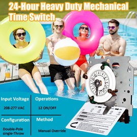 T104M Pool Pump Timer, 208-277V 40A DPST Switch, 24-Hour Mechanical Scheduling, 12 Cycle ON/Off Operations, Manual Override Pool Timer for Pump, Reliable Control for Various Loads