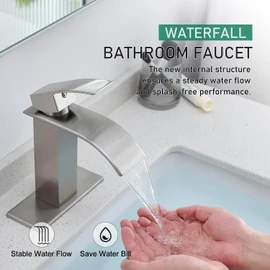 VOTON Bathroom Faucets Brushed Nickel Waterfall Bathroom Sink Faucet Modern Single Handle Bathroom Faucet for 1 or 3 Holes with Deck Plate