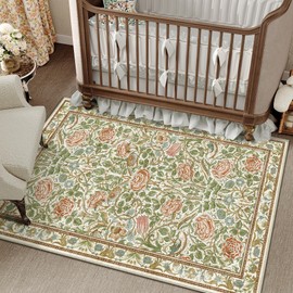 PureCozy Floral 4x6 Area Rug Neutral Machine Washable Small Rug Non-Slip Stain Resistant Low Pile Boho Accent Indoor Throw Carpet for Office Bedroom Dining Living Room