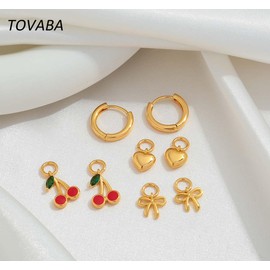 TOVABA Gold Heart, Bow, and Cherry Hoop Earrings Set for Women – Hypoallergenic, Non-Tarnish, Versatile Dangle Earrings with Cherry & Bow Charms for Elegant Daily Wear