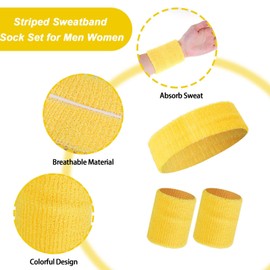 Haakong Striped Sweatbands Wristbands Set Sports Headband for Men Women 80s 90s Accessories Costumes (Yellow, One Size)