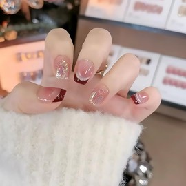 Tyuimhx Cat Eye Press on Nails Short Coffin Fake Nails With Rhinestones Designs Dark Red French Tip False Nails Blush Glue on Nails Full Cover Stick on Nails Acrylic Artificial Nails for Women 24 Pcs