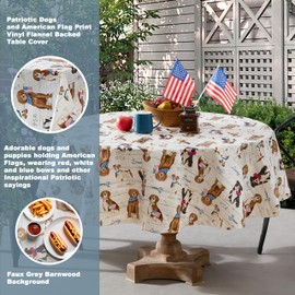 Newbridge Patriotic Dogs and American Flag Print Vinyl Flannel Backed Tablecloth, Adorable USA Patriot Pet Dog Design Waterproof Patio, BBQ, Kitchen Tablecloth Tablecloth, 70 Inch Round