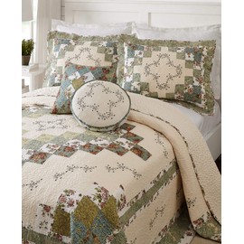 MODERN HEIRLOOM Olivia Embroidered Quilted Bedspread - Lightweight Breathable All Seasons Bedding, King, Green/Cream