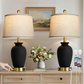 Cinkeda 23" Set of 2 Black Ceramic Farmhouse Table Lamp with Ginger Jar Design, Bedside USB Lamps for Living Room,Dining Room,Bedroom,Office,Nightstand,End Table