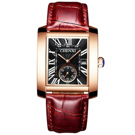 JewelryWe Men's Retro Calendar Analogue Quartz Watch with Rectangular Roman Numerals Dial and Leather Strap, Colour: Black, Blue, Brown, brown, Strap.