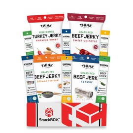 Think Jerky Grass Fed Beef Free Range Turkey Jalapeno Chipotle Sriracha Variety Pack | Snack BOX Care Package (10 Count) | Birthday, Student, Teachers, Back to School, College Gift Baskets Military Gift Ideas