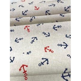 Landhuis Fabrics: Maritime Cotton Decorative Fabric with Anchors, Natural with Dark Blue and Red