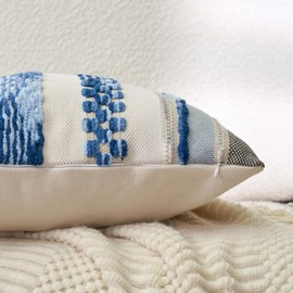 Aeckself Boho Throw Pillow Covers 18x18 Inch Set of 2, Farmhouse Decorative Striped Square Pillow Covers Chenille Tufted Pillow Cases Accent Neutral Pillowcase for Living Room Couch Bed, Sky Blue