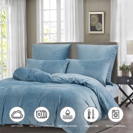 Gezu Bed Linen Winter Warm Plush 155 x 220 cm Light Blue Double-Sided Duvet Cover Cashmere Flannel Fleece Touch Fluffy Warm Fabric Velvet Duvet Cover Set with Zip with Pillowcase 80 x 80 cm