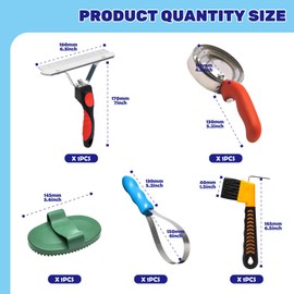 Waltool 5Pcs Horse Trimming Kit Contains 5 Rings Reversible Stainless Steel Curry Comb, Horse Grooming Brush, Rubber Hair Remover Comb, Dual-Sided Shedding Blade and Horse Hoof Brushes