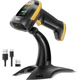 Tera Barcode Scanner Wireless 2D with Stand: Pro Digital Setting Screen - YELLOW