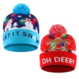 SHOKAN Christmas Hat, 2 Pack LED Christmas Cap Light-Up Knitted Hat Colorful Glowing Christmas Hat for Holiday Party Favors with Kids & Adults, 24×20cm