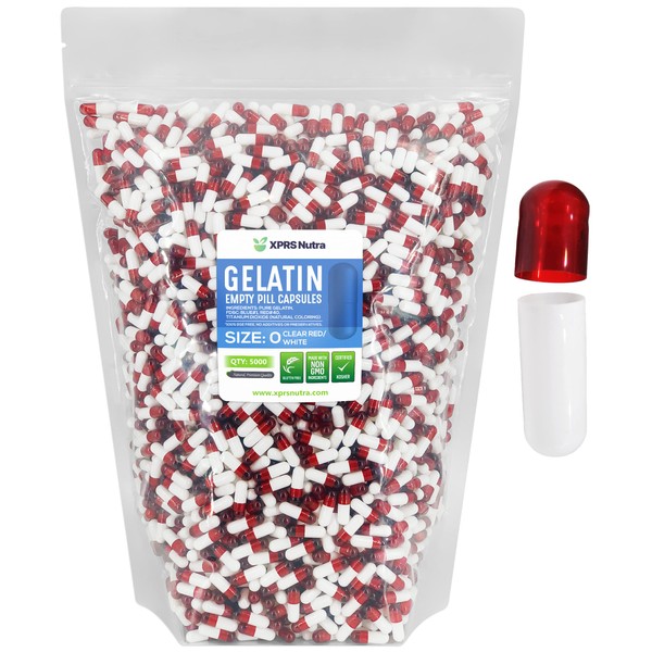 XPRS Nutra tamaño 0 cápsulas vacías – 5000 cápsulas de gelatina vacías coloreadas – cápsulas de píldora vacías – Relleno de cápsulas de suplemento DIY – Tapas de gel de color rellenables (rojo transparente/blanco)