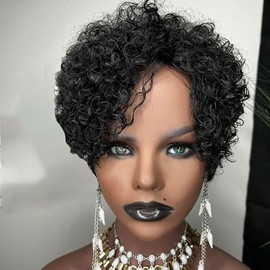 RUISENNA Pixie Cut Wig Human Hair Short Curly Pixie Wigs For Black Women Glueless wigs With Bangs For Daily Use Natural Black 1B Color Full Machine Made