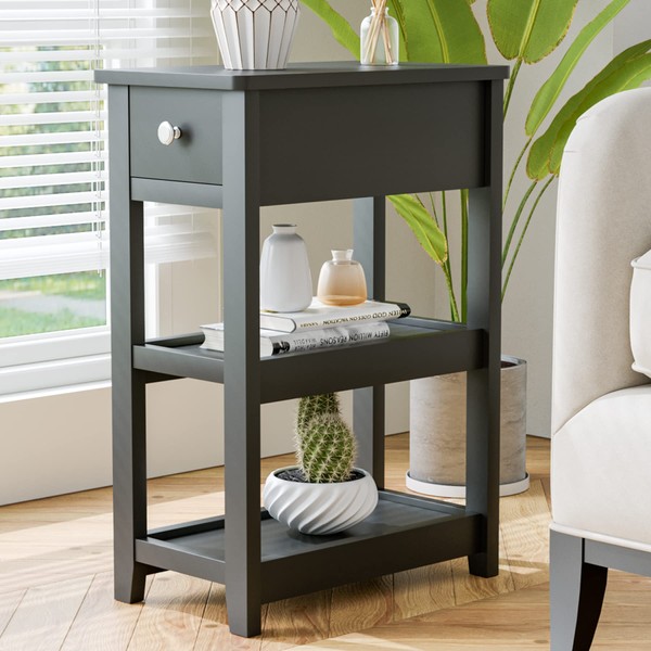 SEJOV End Table, 3-Tier Black Nightstand with Drawer and 2
