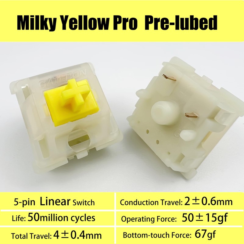 Gateron Milky Yellow Pro V2 Pre-lubed 5-Pin 50gf Linear Switches