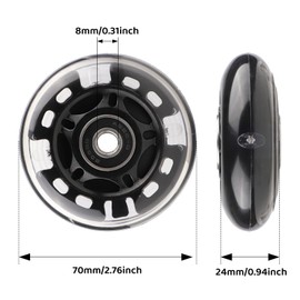 Gladeer Inline Skate Wheels Light Up 85A Indoor Outdoor Replacement Wheels with ABEC-7 Bearings for Kids & Children Beginner Inline Skates, Pack of 8 (Black, 70mm)