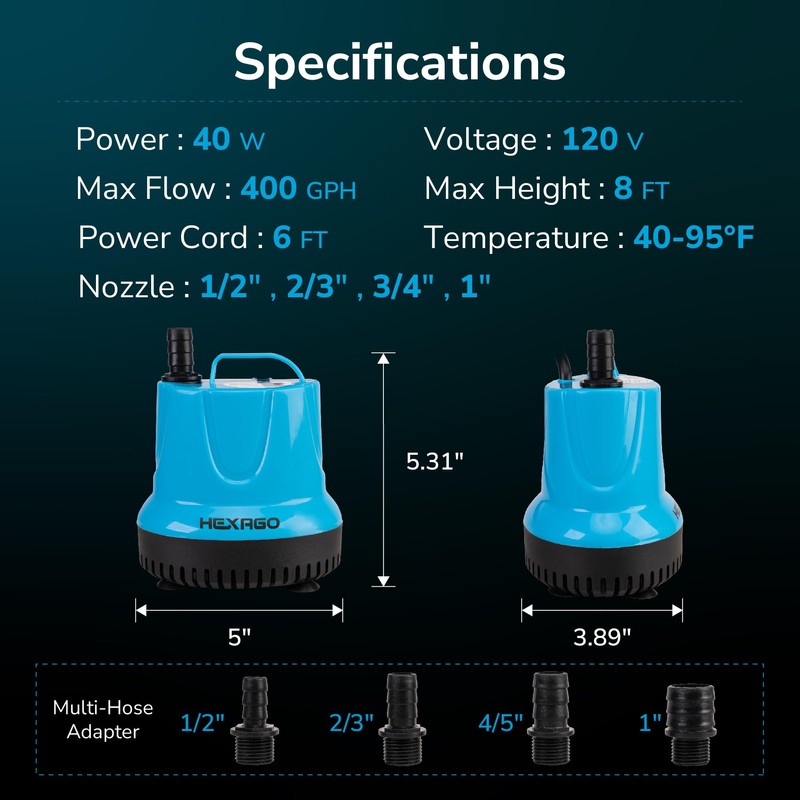 Hexago 400GPH Submersible Water Fountain Pump, 40W Small Sump Pump