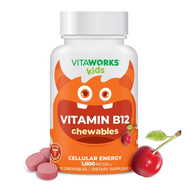 VitaWorks Kids Vitamin B12 1000 mcg Chewable Tablets - Tasty Natural Cherry Flavor - Vegan, GMO-Free, Gluten Free, Nut Free - Dietary Supplement - Cellular Energy Vitamins for Children - 120 Chewables