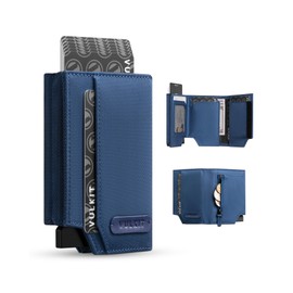 VULKIT Mens Wallet for Max.12 Cards with Pop-Up Credit Card Ejector Case, ID Window, Cash/Bills Compartment and Coin Pocket, Hook and Loop Tape Closure, Giftbox Packed, Blue Oxford Fabric