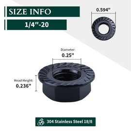 Tuercas de brida dentadas de cabeza hexagonal de 1/4"-20, tuercas de brida de cabeza hexagonal de acero inoxidable 304, acabado de óxido negro, unidad hexagonal, 100 unidades