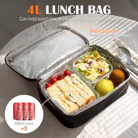 Viedouce Lunch Box 4L Waterproof & Insulated, Double Zip Lunch Box to Take Away for Men/Women, Airtight Food Box for Office/School, Foldable Lunch Bag Gift with Handles, Black