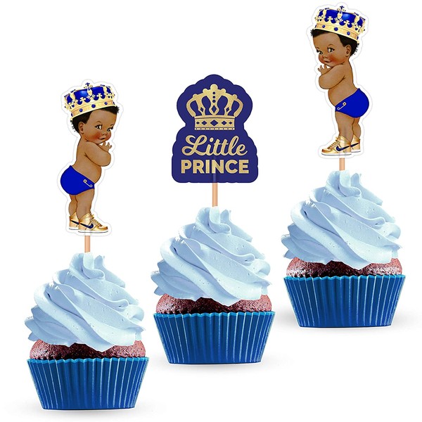 Little Prince Cupcake Cake Toppers - African American Royal Themed Baby Shower Birthday Party Decorations Supplies for Boy - 24 PCS