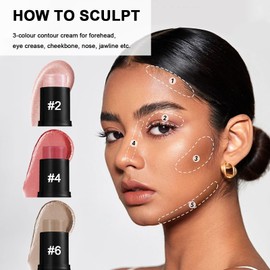 Cream Contour Stick Makeup Set, Cream Blush,Bronzer Stick, Highlighter Bronzer Stick for Face with Makeup Brush, Natural & Long Lasting Makeup Contour Stick for Beginner Medium, 3 Color #02, 04, 06